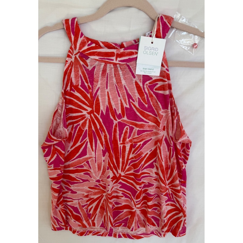 Sigrid Olsen Pink Red Tropical Palm Linen Halter Tank Top Womens Medium NWT